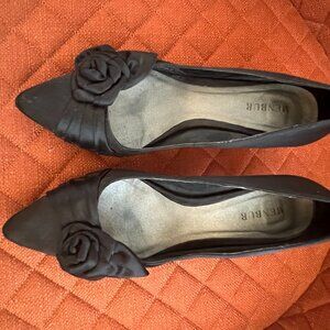 Black Satin rosette kitten heels Menbur Size 37 = 6.5 or 7